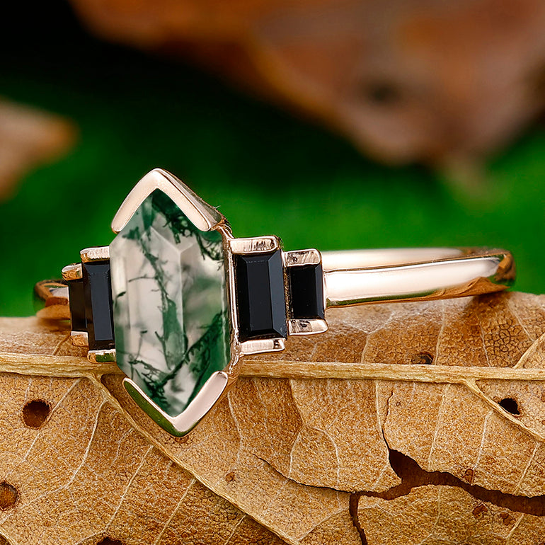 1.3CT Long Hexagon Cut Moss Agate Leaf Engagement Ring Black Onyx Inlaid For Women Gift