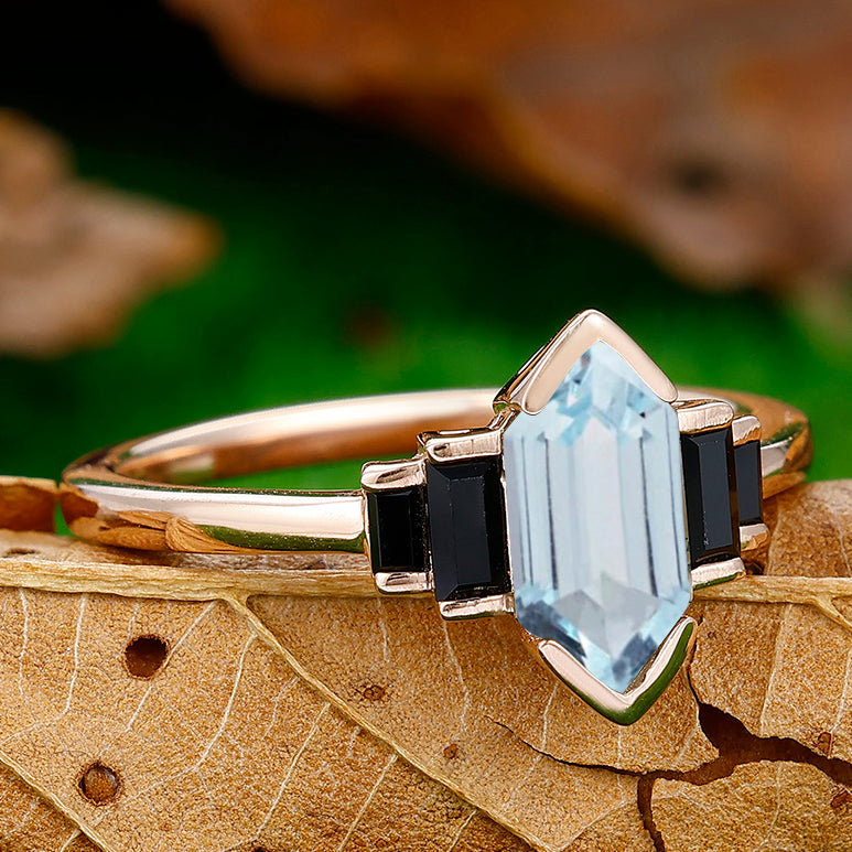 Vintage 1.3CT Long Hexagon Cut Aquamarine Engagement Ring