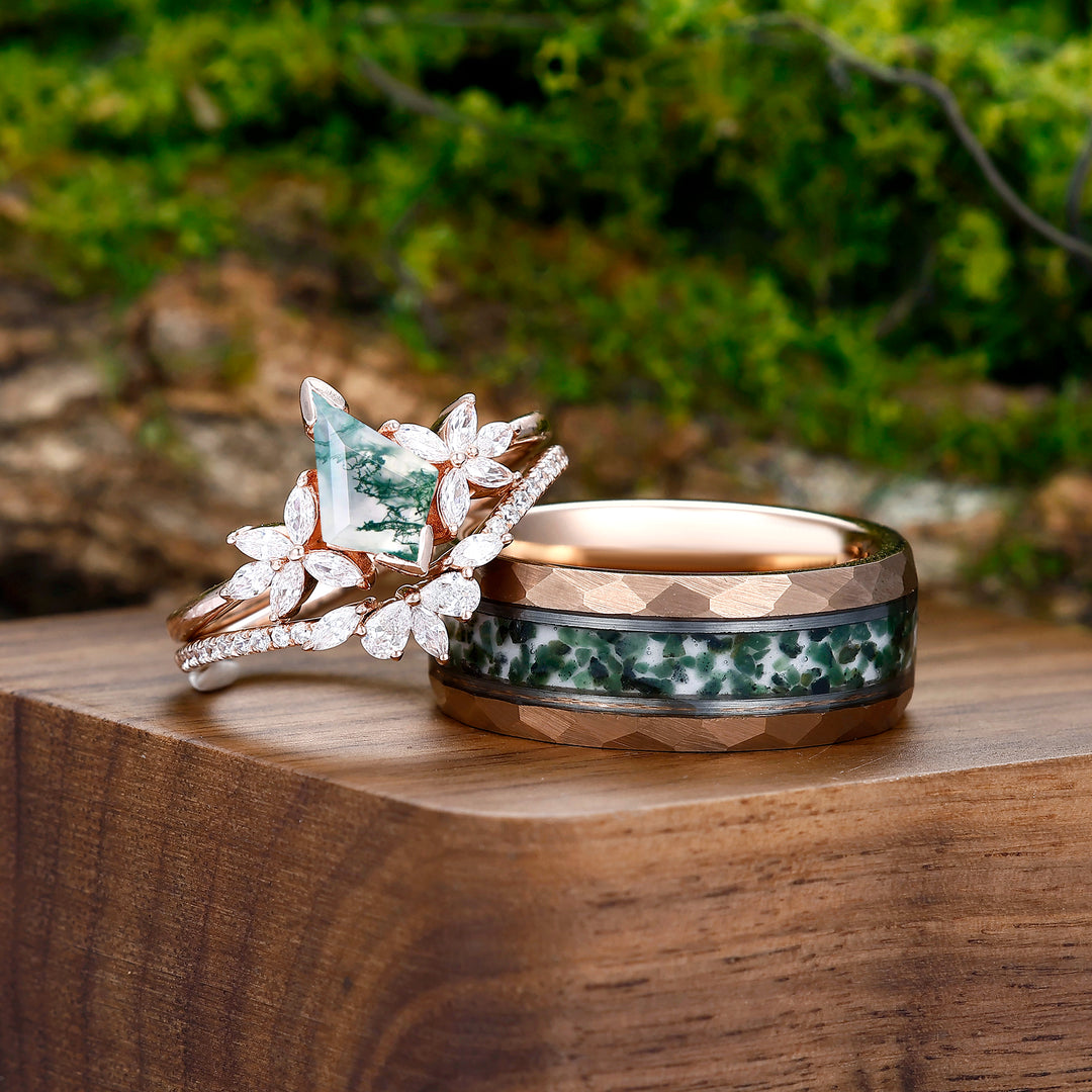 Noble Petal Kite Cut Moss Agate Ring Set 925 Sterling Silver And Tungsten Couples Ring