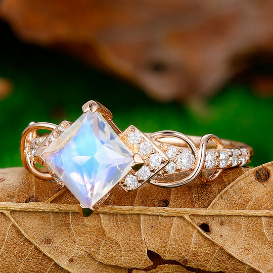 1.5CT Princess Cut Moonstone Engagement Vine Ring