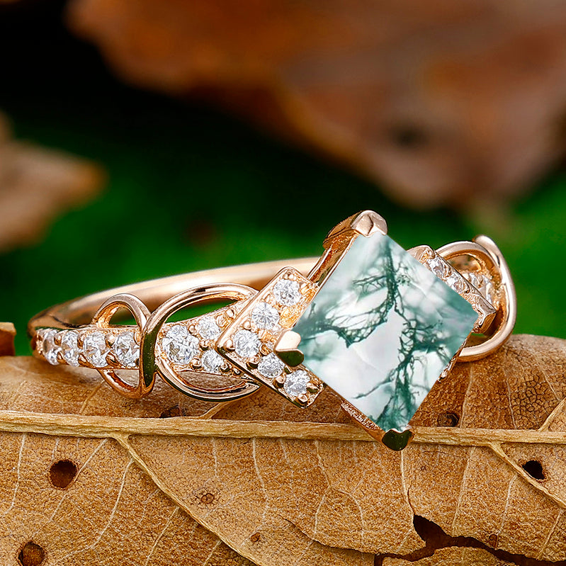 1.5CT Princess Cut Natural Moss Agate EngagementRing Deco Milgrain Moissanite Floral Ring For Women Gift