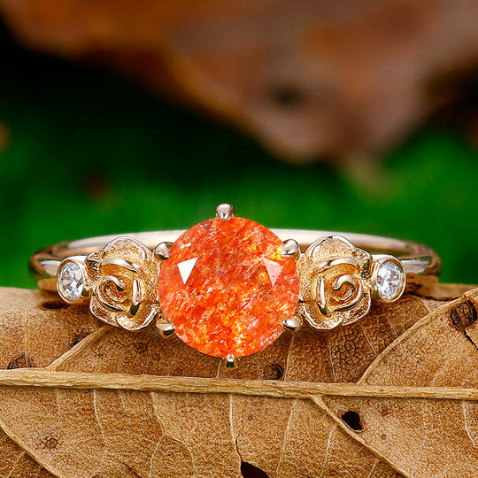 Round Cut Natural Sunstone Engagement Ring Rose Shape Bridal Ring