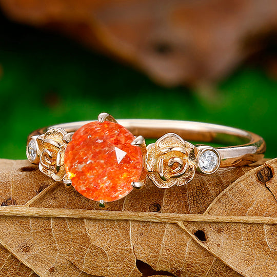 Round Cut Natural Sunstone Engagement Ring Rose Shape Bridal Ring