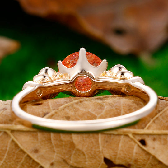 Round Cut Natural Sunstone Engagement Ring Rose Shape Bridal Ring