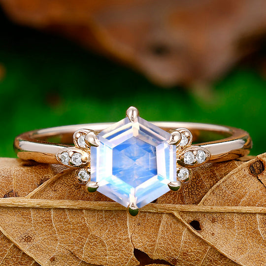 1.35CT Unique Hexagon Cut Moonstone Engagement Ring Moissanites Inlaid Women Fine Ring