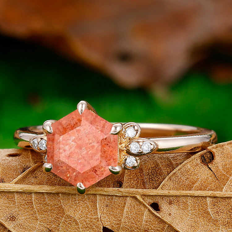 1.35CT Unique Hexagon Cut Natural Sunstone Engagement Ring Moissanites Inlaid Women Fine Ring