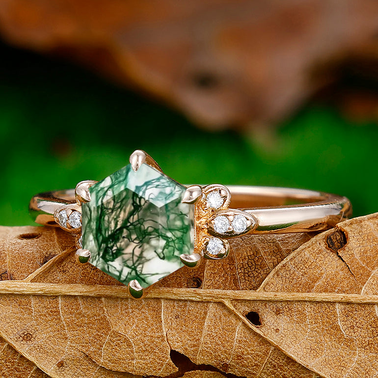 Exquisite Hexagon Cut Natural Moss Agate Engagement Ring For Anniversary Gift