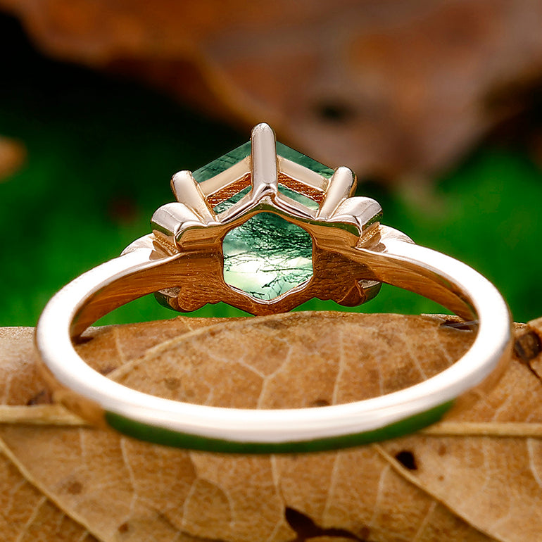 Exquisite Hexagon Cut Natural Moss Agate Engagement Ring For Anniversary Gift