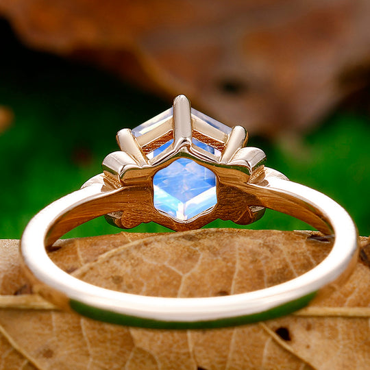 1.35CT Unique Hexagon Cut Moonstone Engagement Ring Moissanites Inlaid Women Fine Ring