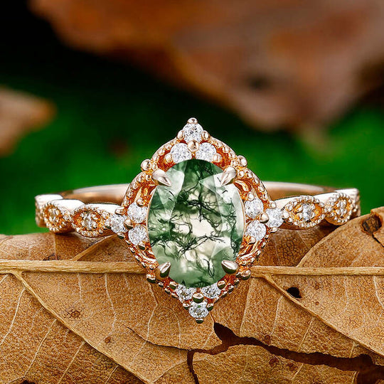 Dainty Oval Cut Moss Agate Engagement Cluster Ring Anniversary Bridal Ring Gift