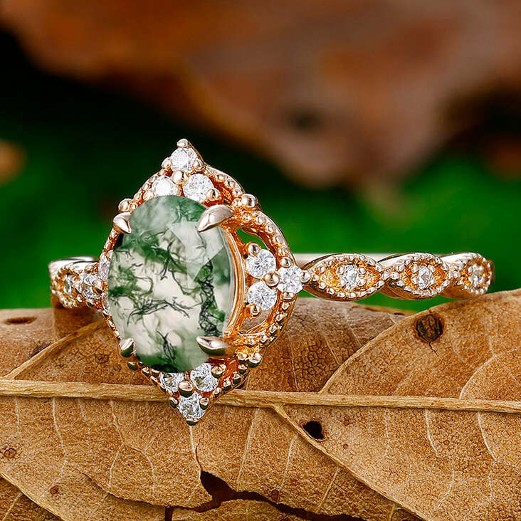 Dainty Oval Cut Moss Agate Engagement Cluster Ring Anniversary Bridal Ring Gift