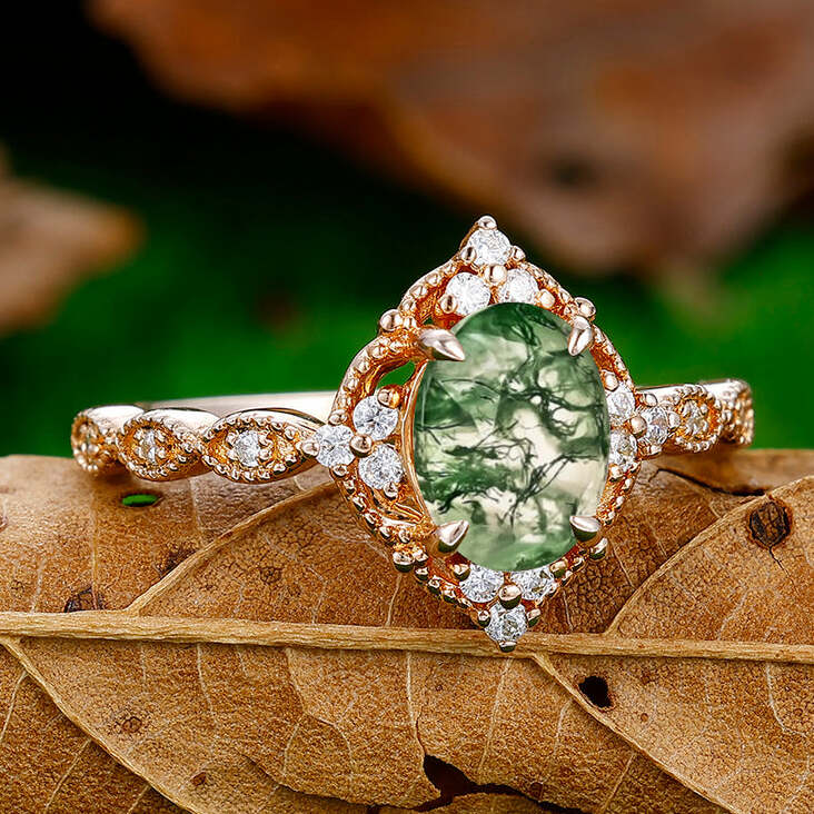 Dainty Oval Cut Moss Agate Engagement Cluster Ring Anniversary Bridal Ring Gift