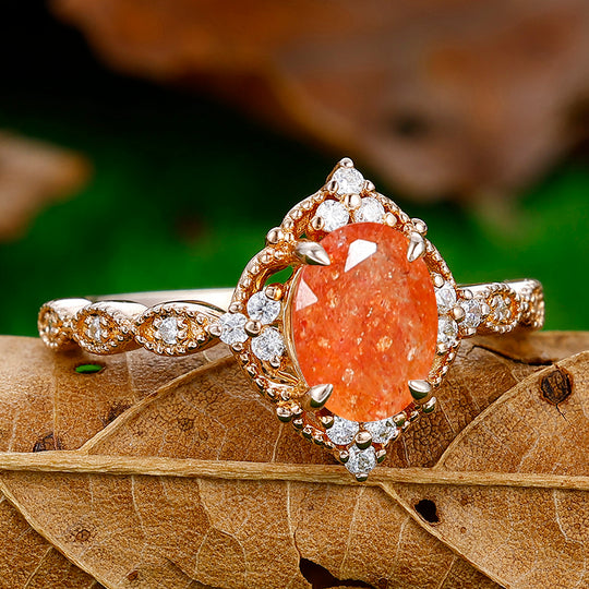 1.5CT Oval Cut Natural Sunstone Engagement Ring cluster Moissanites Inlaid Women Ring