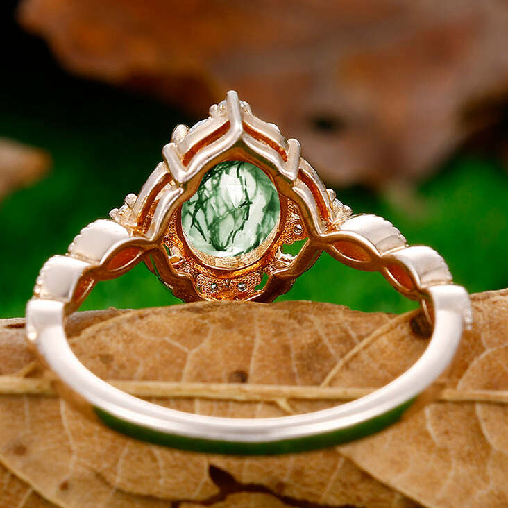 Dainty Oval Cut Moss Agate Engagement Cluster Ring Anniversary Bridal Ring Gift