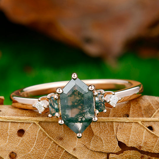 1.1CT Long Hexagon Cut Moss Agate Engagement Ring For Women Gift