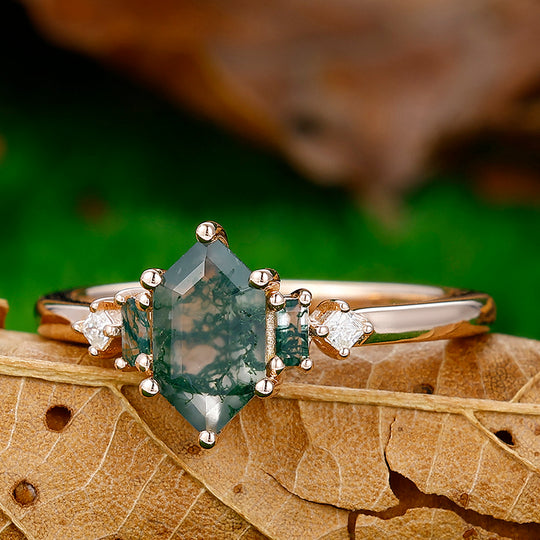 1.1CT Long Hexagon Cut Moss Agate Engagement Ring For Women Gift