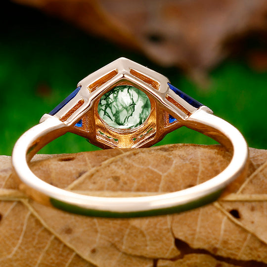 1CT Round Cut Moss Agate Engagement Ring Triangle Sapphire Inlaid Women Fine Ring