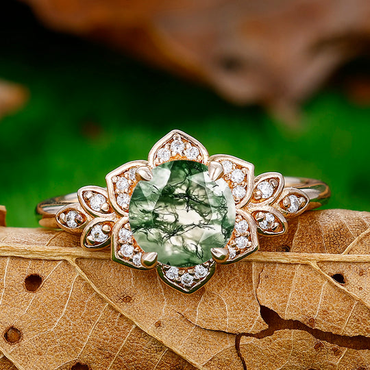 Round Cut Moss Agate Engagement Brida Ring Cluster Shape Moissanite Women Ring For Birthday Gift