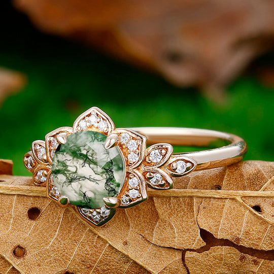 Round Cut Moss Agate Engagement Brida Ring Cluster Shape Moissanite Women Ring For Birthday Gift