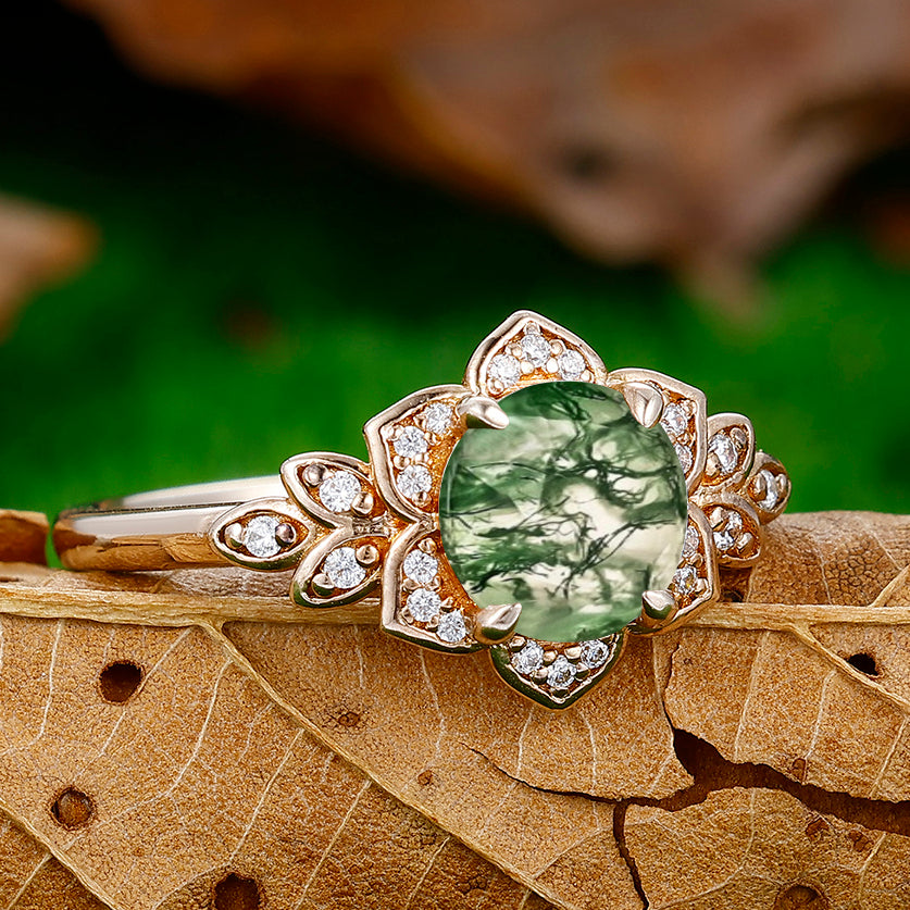 Round Cut Moss Agate Engagement Brida Ring Cluster Shape Moissanite Women Ring For Birthday Gift