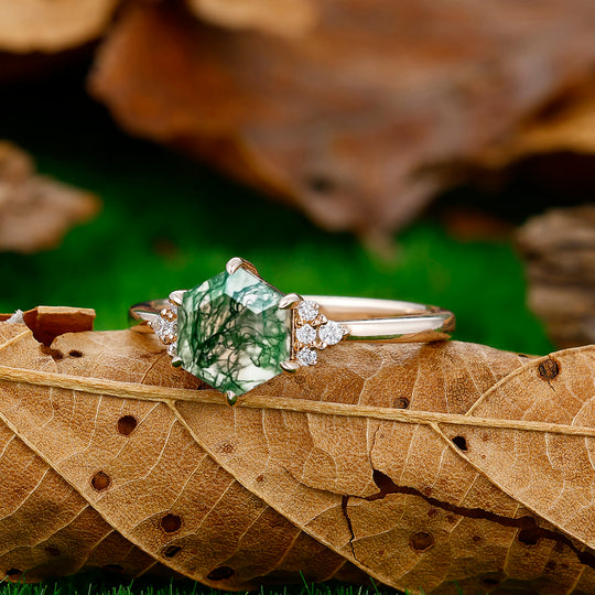 1.35CT Hexagon Cut Natural Moss Agate Engagement Ring Moissanite Inlaid Anniversary Bridal Ring