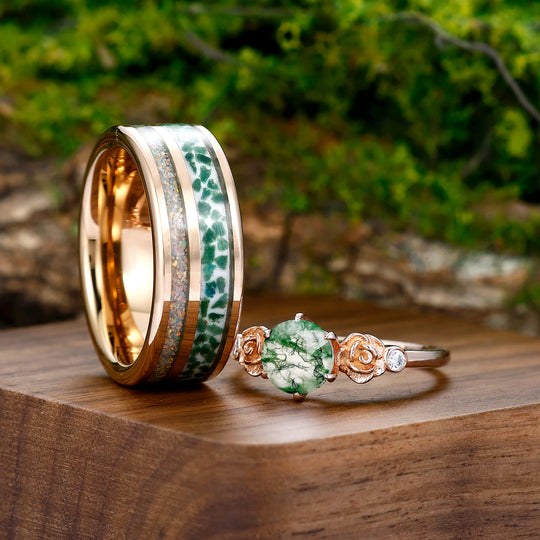 Art Deco Prongs Moss Agate Rose Shape Couples Gold Plated Ring Tungsten Couples Set