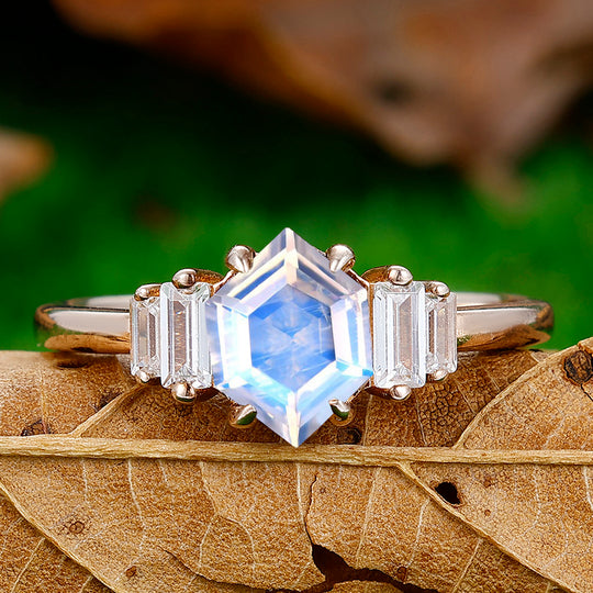 Unique 1.55CT Long Hexagon Cut  Moonstone Engagement Ring