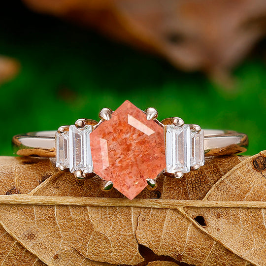 Unique 1.55CT Long Hexagon Cut Natural Sunstone Engagement Ring