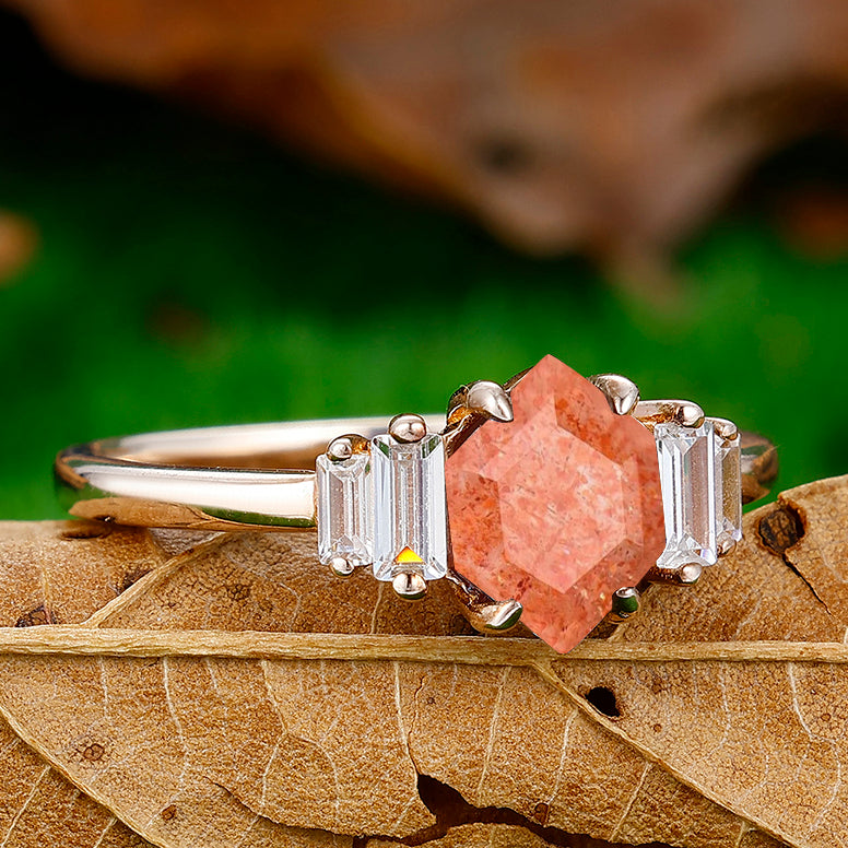 Unique 1.55CT Long Hexagon Cut Natural Sunstone Engagement Ring