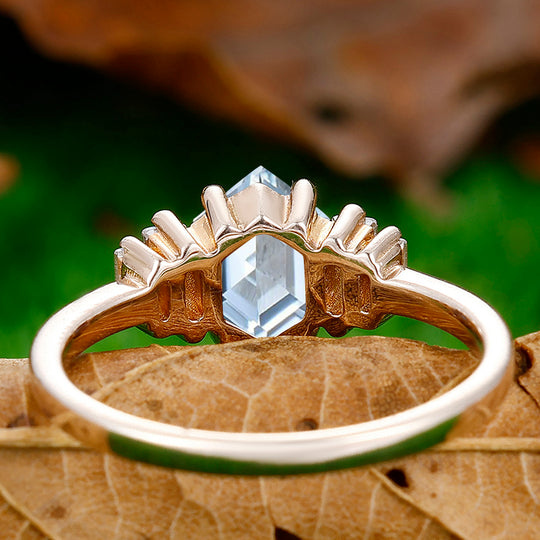 Unique 1.55CT Long Hexagon Cut Aquamarine Engagement Ring