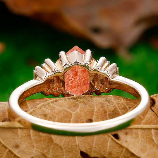 Unique 1.55CT Long Hexagon Cut Natural Sunstone Engagement Ring