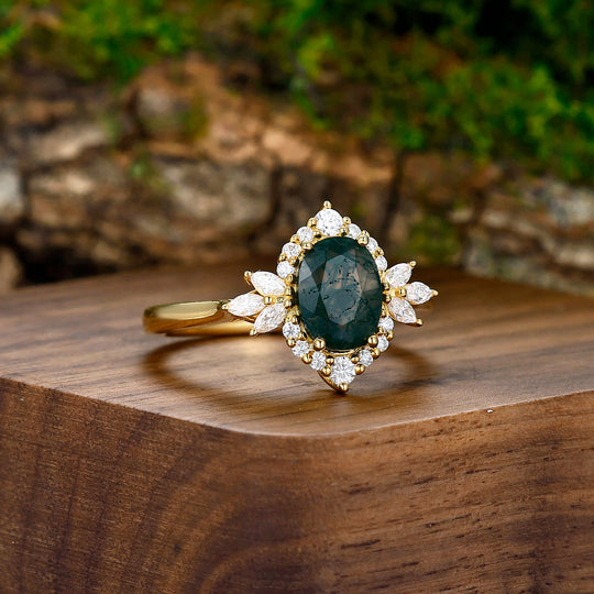 Prong Setting Moss Agate Floral Couples Ring Matching Gold Leaf Black Tungsten Wedding Ring