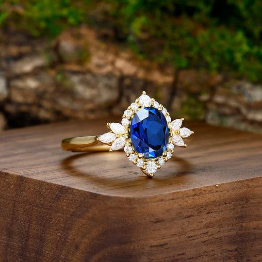 Antique Blue Sapphire Engagement Cluster Personalized Couples' Set Tingsten Matching Rings