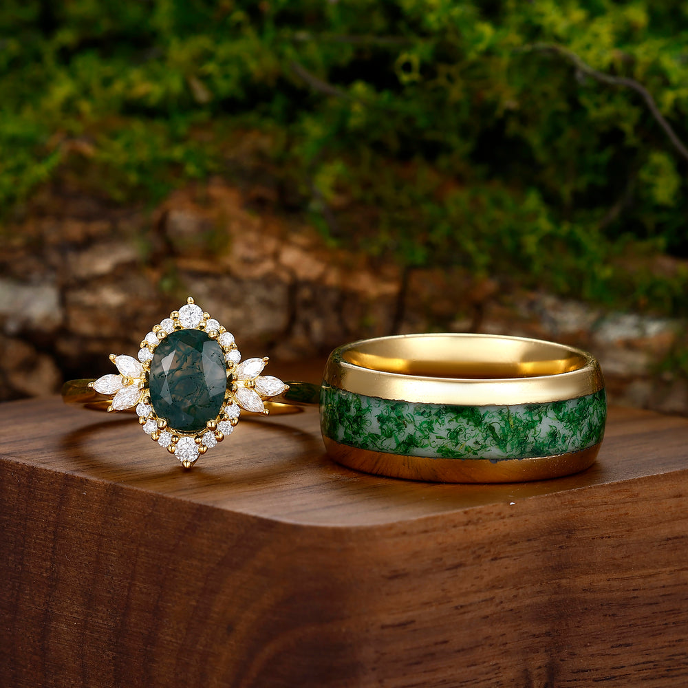 Eternal Moss Agate Petal Design Couples Ring Set Matching Tungsten Ring Set