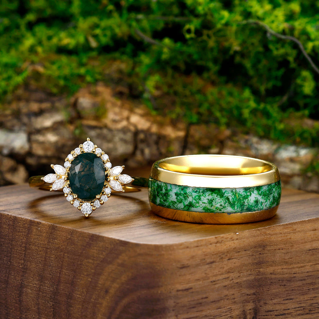 Eternal Moss Agate Petal Design Couples Ring Set Matching Tungsten Ring Set