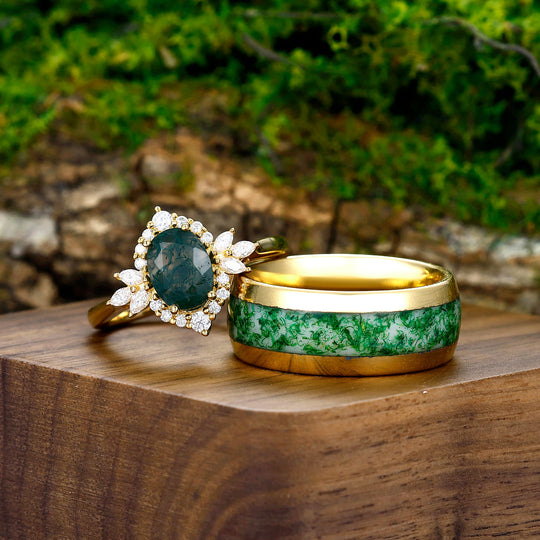 Eternal Moss Agate Petal Design Couples Ring Set Matching Tungsten Ring Set