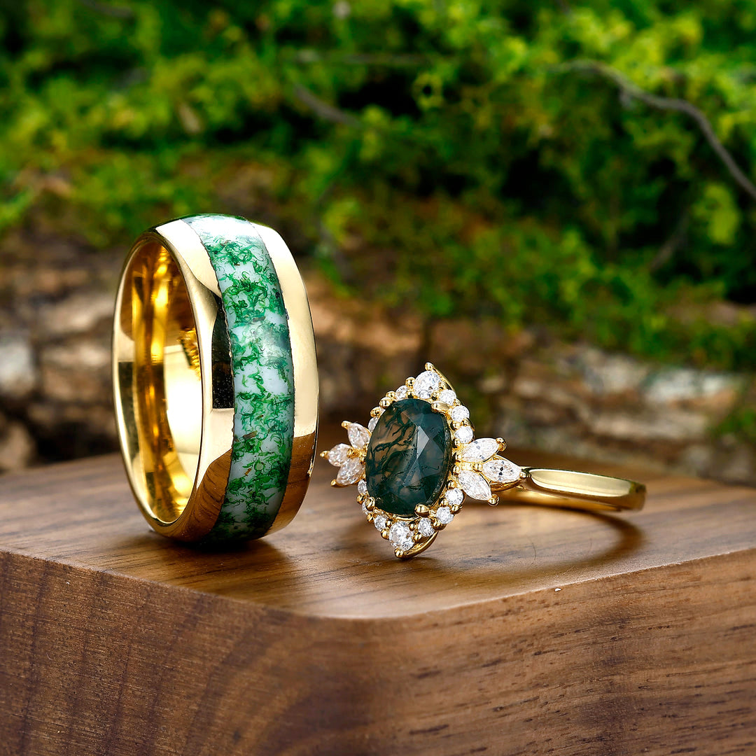 Eternal Moss Agate Petal Design Couples Ring Set Matching Tungsten Ring Set