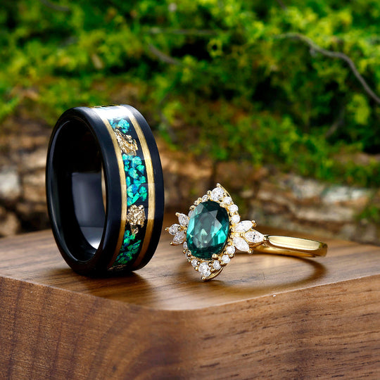 Oval Emerald Cluster Ring Matching Blue Green Opal Tungsten Anniversary Couples Ring Set