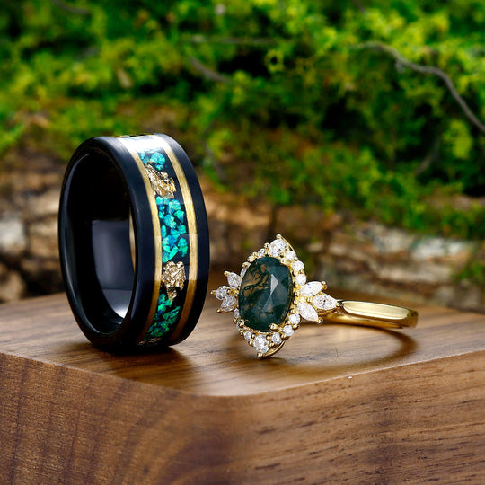 Exquisite Moss Agate Cluster His and Hers Wedding Ring Matching Tungsten Couples Ring