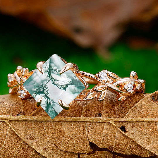 Antique Princess Cut Natural Moss Agate EngagementRing Leaf Shape Anniversary Bridal Ring