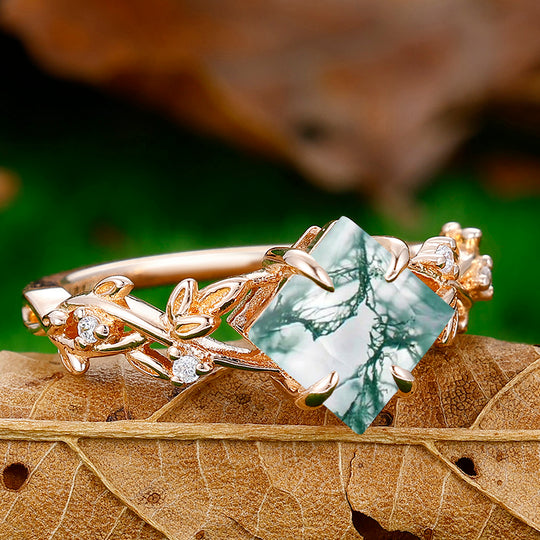 Antique Princess Cut Natural Moss Agate EngagementRing Leaf Shape Anniversary Bridal Ring