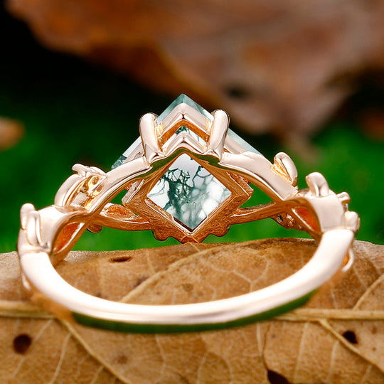 Antique Princess Cut Natural Moss Agate EngagementRing Leaf Shape Anniversary Bridal Ring