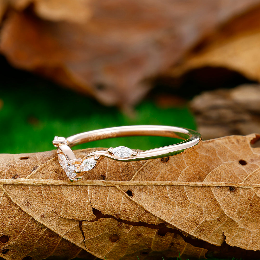 Round Cut Marquise Cut Moissanite Leaf Wedding Band