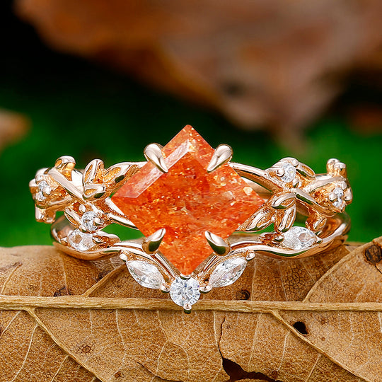 2CT Princess Cut Nature Sunstone Engagement Ring Set Women Dainty Anniversary Ring Set