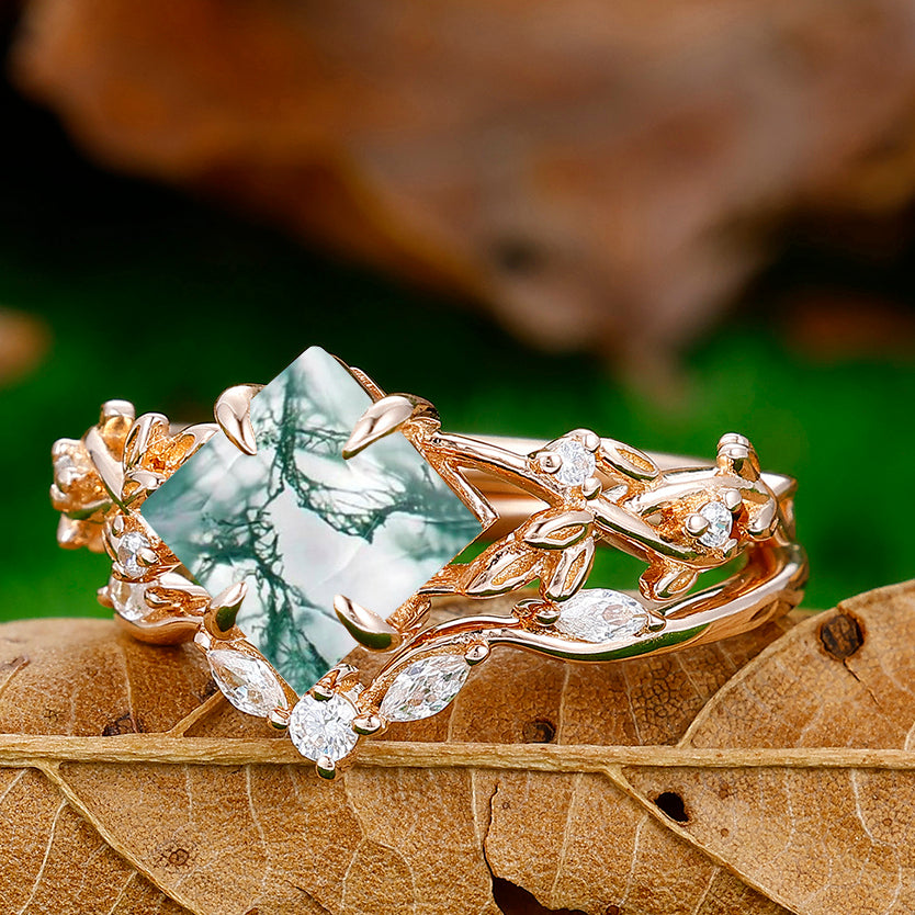 Dainty 2CT Princess Cut Moss Agate Leaf Engagement Ring Set Eternity Ring Set