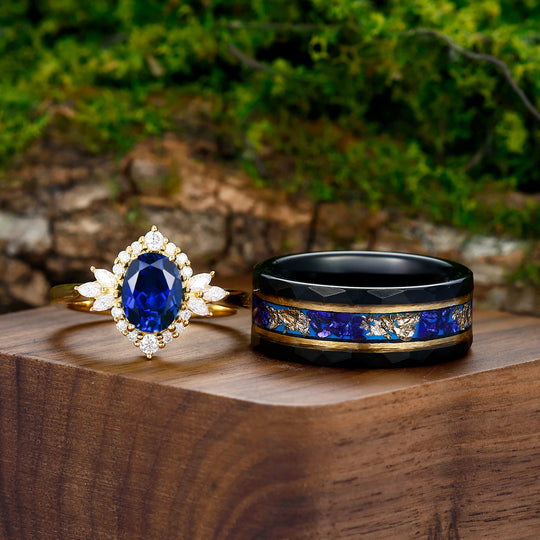 Antique Blue Sapphire Engagement Cluster Personalized Couples' Set Tingsten Matching Rings