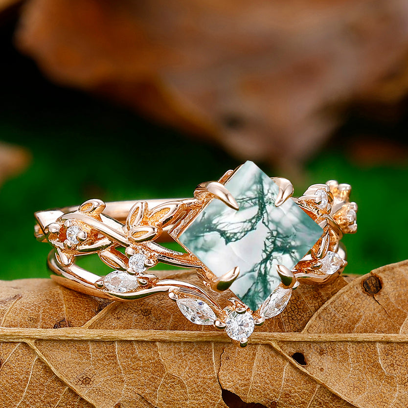 Dainty 2CT Princess Cut Moss Agate Leaf Engagement Ring Set Eternity Ring Set