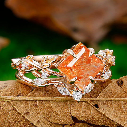 2CT Princess Cut Nature Sunstone Engagement Ring Set Women Dainty Anniversary Ring Set