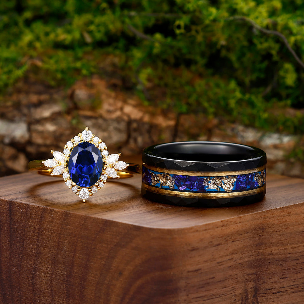 Antique Blue Sapphire Engagement Cluster Personalized Couples' Set Tingsten Matching Rings