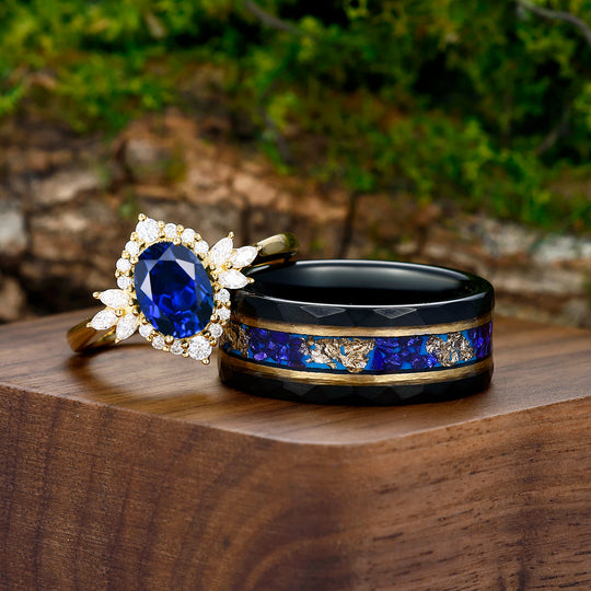 Antique Blue Sapphire Engagement Cluster Personalized Couples' Set Tingsten Matching Rings